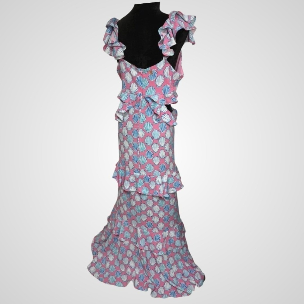 Simply Southern Pink Blue Seashell Ruffle Tiered Maxi Dress XL